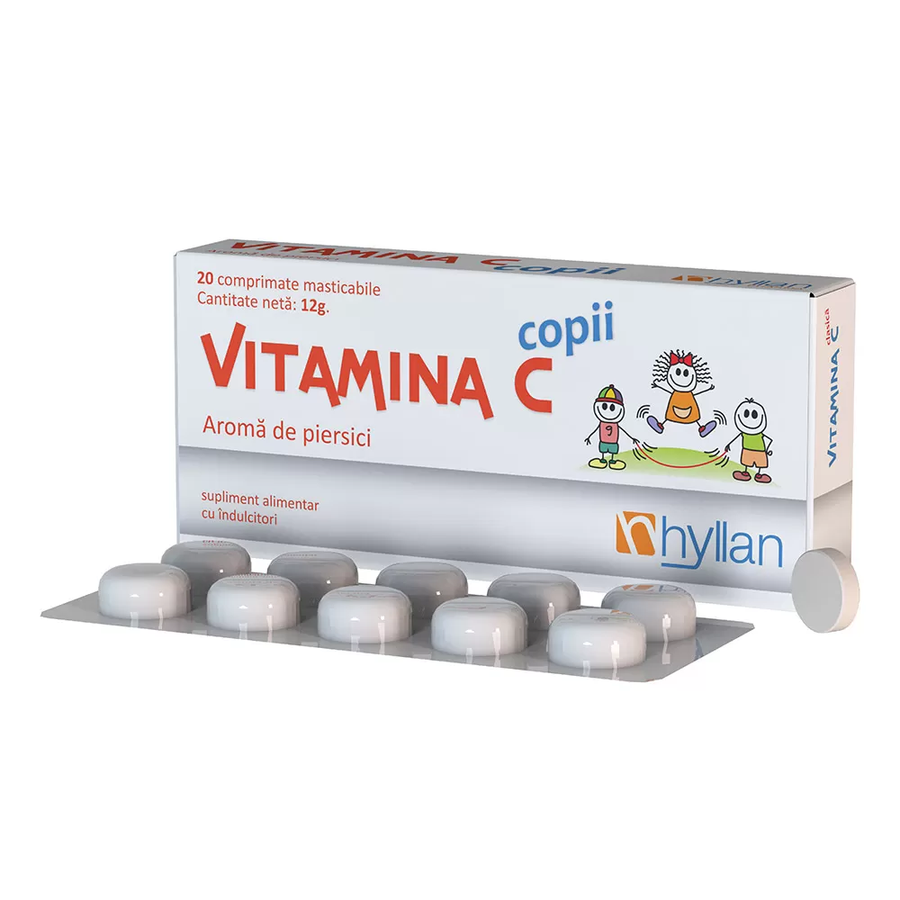 Vitamina C copii cu aroma de piersici, 20 comprimate masticabile, Hyllan