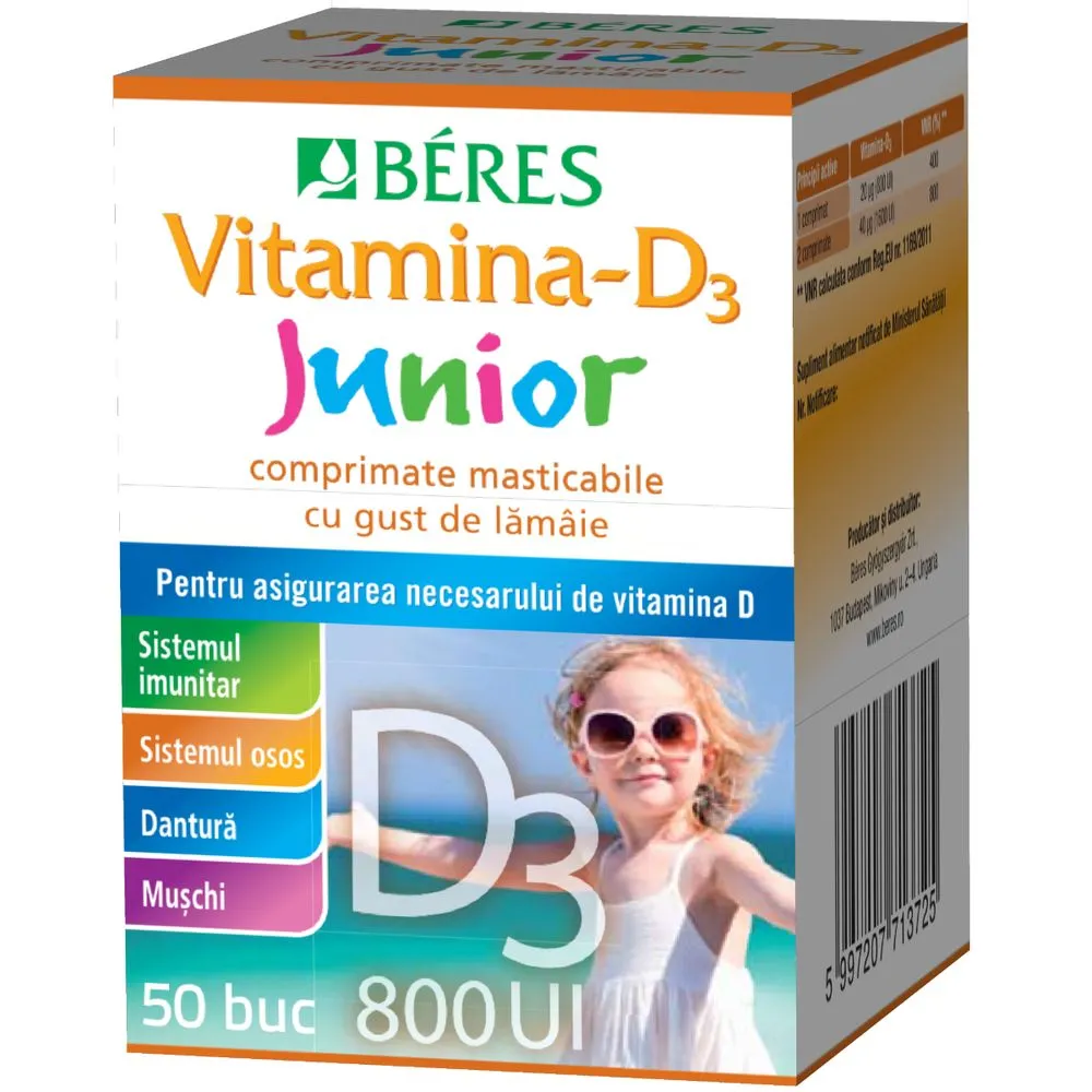 Vitamina D3 Junior 800 UI, 50 comprimate masticabile, Beres
