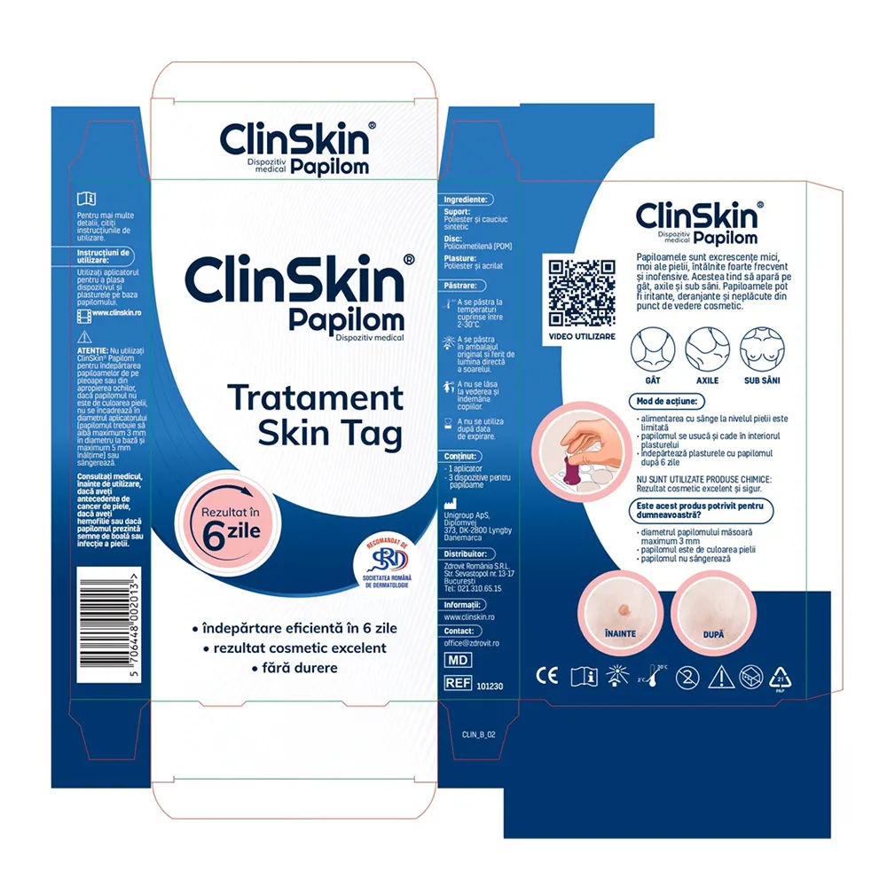 Tratament pentru indepartarea papiloamelor ClinSkin Papilom, 1 aplicator + 3 dispozitive, Zdrovit