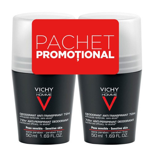 Pachet Deodorant roll-on antiperspirant control extrem pentru barbati eficacitate 72h, 50 ml + 50 ml, Vichy