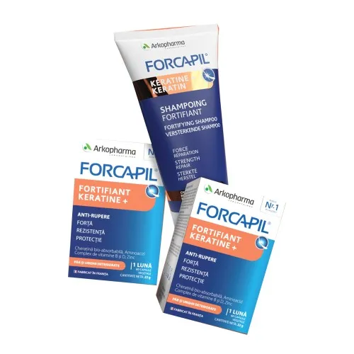 Pachet Arko Forcapil Fortifiant Keratine + 60 capsule (2 cutii) + Sampon Fortifiant, 200ml, Forcapil