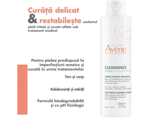 Avene Cleanance Hydra Crema de Curatare Calmanta pentru tenul acneic, 200 ml