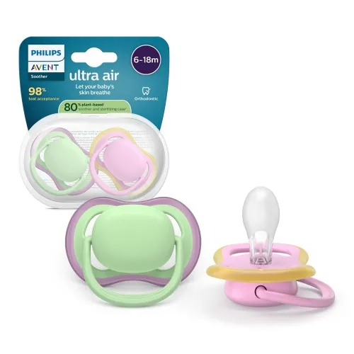 Suzeta Ultra Air Silicon Roz/Verde 6-18 luni 087/12, 2 buc, Avent Philips