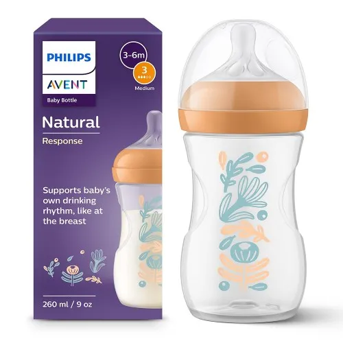 Biberon Philips Avent Natural Response, Portocaliu, SCY903/74, 3-6 luni, 260 ml, Philips