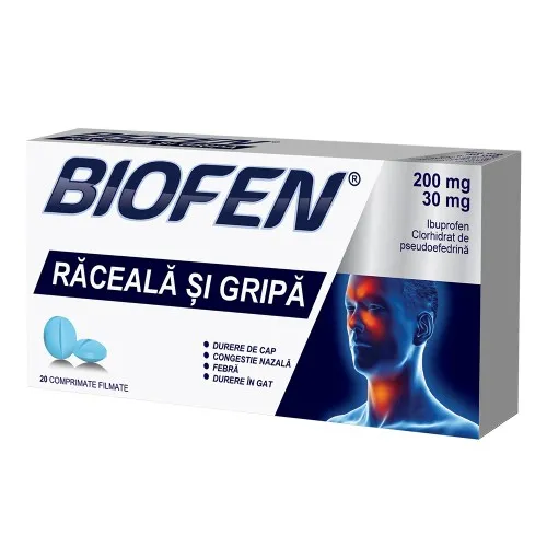 Biofen raceala si gripa, 200 mg/30 mg, 20 comprimate filmate, Biofarm