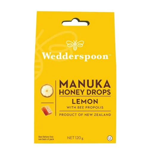 Bomboane ecologice cu miere de manuka, lamaie si propolis, 120g, Wedderspoon
