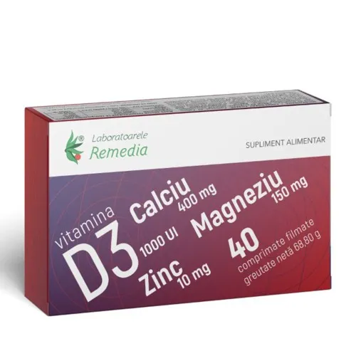 Ca + Mg + Zn + Vitamina D3, 40 comprimate, Remedia