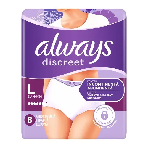 Chiloti pentru incontinenta urinara Always Discreet Plus 6 picaturi, Marimea L, 8 bucati