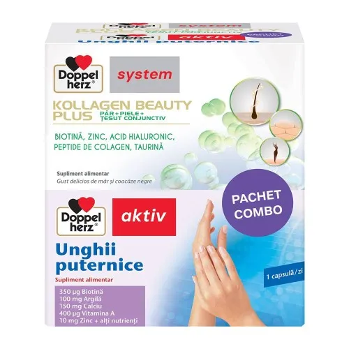 Kollagen Beauty Plus Aktiv System, 10 fiole + Unghii Puternice, 30 capsule (Pachet Promo), Doppel Herz