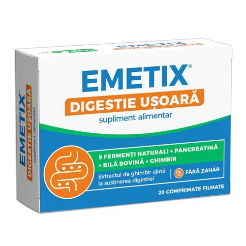 Emetix Digestie Usoara fara Zahar, 20 comprimate filmate, Fiterman Pharma