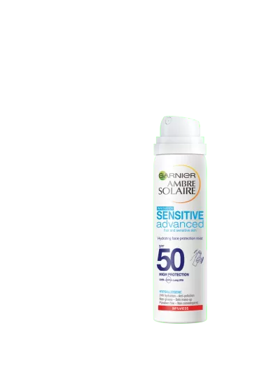 Spray Protector Pentru Fata Spf 50 Cu Acid Hialuronic Garnier Ambre Solaire Overmakeup Super Uv, 75 ml,