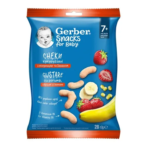 Snacks gustare cu porumb, capsune si banane, +7 luni, 28 g, Gerber