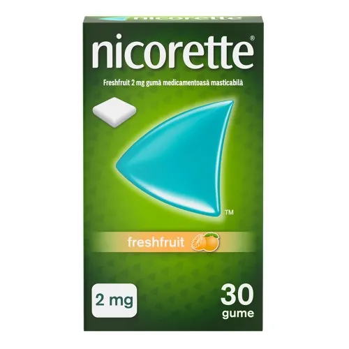 Guma medicamentoasa cu nicotina si aroma de portocale, 2 mg, 30 bucati, Nicorette
