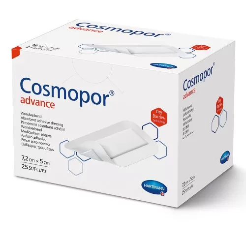 Plasture steril cu corp absorbant si margini autoadezive, 7.2 x 5cm, 25 plasturi, Cosmopor
