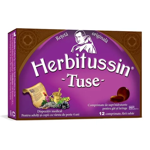Herbitussin Tuse, Fara zahar, 12 comprimate, USP Romania