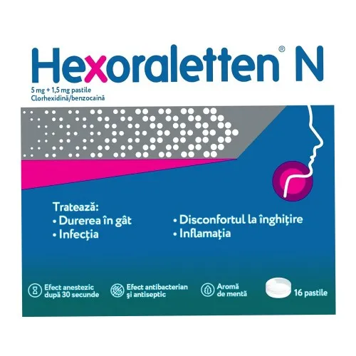Hexoraletten N, 5 mg/ 1,5 mg, 16 comprimate, Mcneil Healthcare