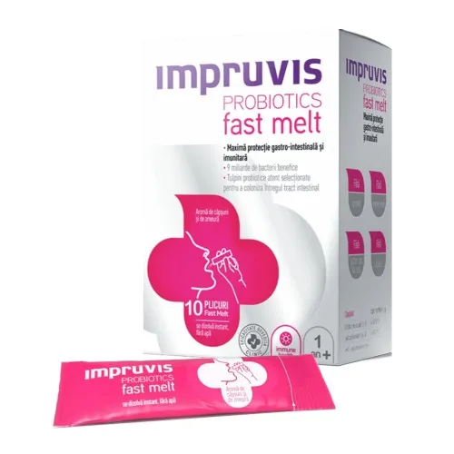 Impruvis Probiotics Fast Melt cu aroma de capsuni si zmeura, 10 plicuri, Bifodan