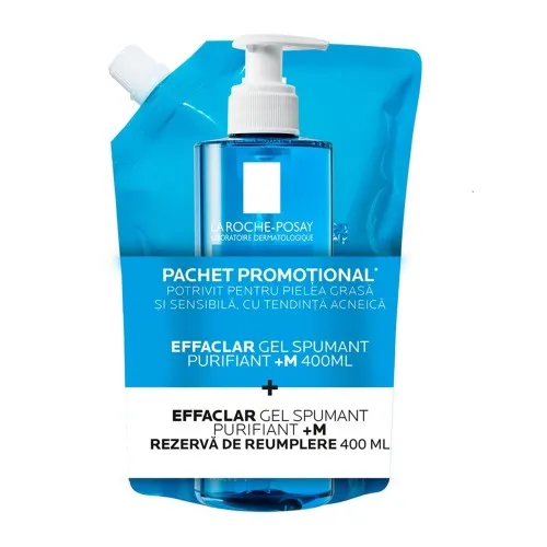 Pachet Gel spumant purifiant Effaclar +M, 400 ml + Rezerva de reumplere, 400 ml, La Roche-Posay