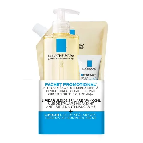 Pachet promotional Ulei de spalare Lipikar AP+ 400ml, Rezerva reumplere 400ml + Lipikar Baume Light AP+ 15ML, La Roche Posay