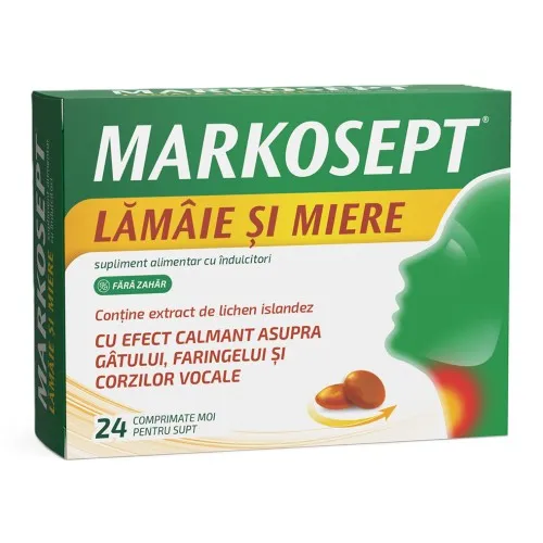 Markosept cu aroma de lamaie si miere, 24 comprimate moi pentru supt, Fiterman Pharma