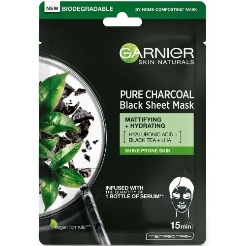 Masca servetel cu ceai negru Pure Charcoal Skin Naturals, 28 g, Garnier