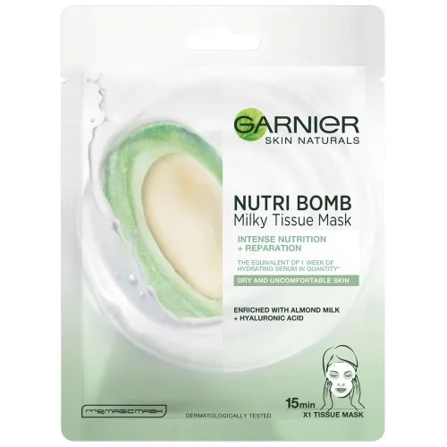 Masca servetel cu lapte de migdale si acid hialuronic Nutri Bomb Skin Naturals, 28 g, Garnier