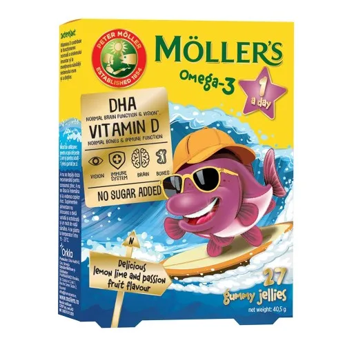 Pestisori Gumati Omega 3 cu Aroma de Fructul Pasiunii +3ani, 27 jeleuri, Mollers