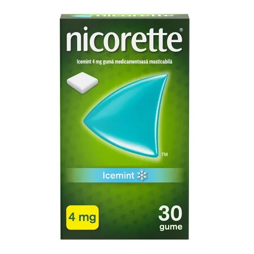 Guma medicamentoasa cu nicotina si aroma de menta, 4 mg, 30 bucati, Nicorette