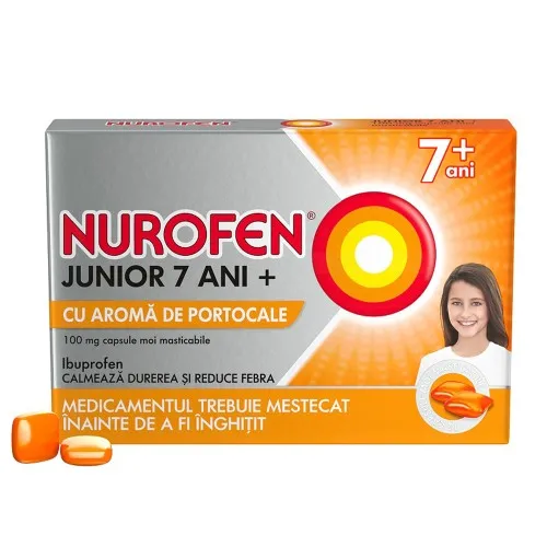 Nurofen Junior cu aroma de portocale 7+ ani, 100 mg, 12 capsule moi masticabile, Reckitt Benckiser