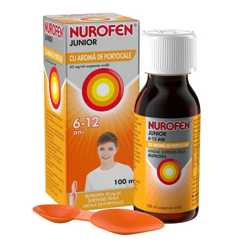 Nurofen Junior sirop cu aroma de portocale, 6-12 ani, 40 mg/ml, 100 ml, Reckitt Benckiser