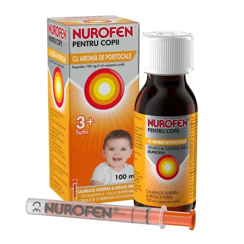 Nurofen pentru copii 3+ luni aroma de portocale, 100 mg/5 ml, 100 ml, Reckitt Benckiser