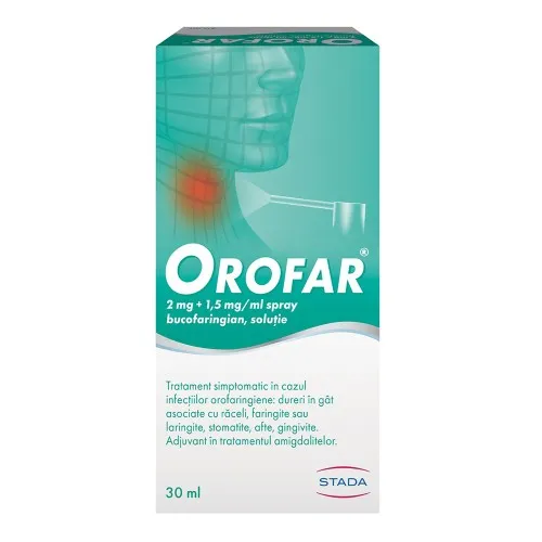 Orofar spray bucofaringian, solutie, 2 mg + 1,5 mg/ml, 30 ml, Stada