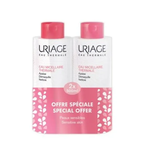 Pachet Apa Micelara termala pentru ten sensibil - roseata, 500 ml + 500 ml, Uriage
