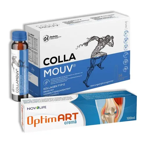 Pachet Collamouv, 14 fiole x 25 ml & Crema pentru articulatii si dureri musculare OptimArt, 100 ml, Novolife