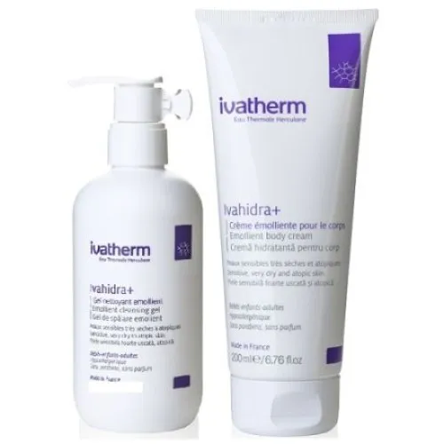 Pachet Crema hidratanta pentru corp Ivahidra +, 200 ml + Gel spumant piele sensibila Ivahidra+, 250 ml, Ivatherm