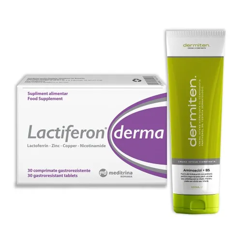 Pachet Lactiferon Derma, 30 comprimate, Solartium & Crema hidratanta Dermiten, 100 ML, Novolife