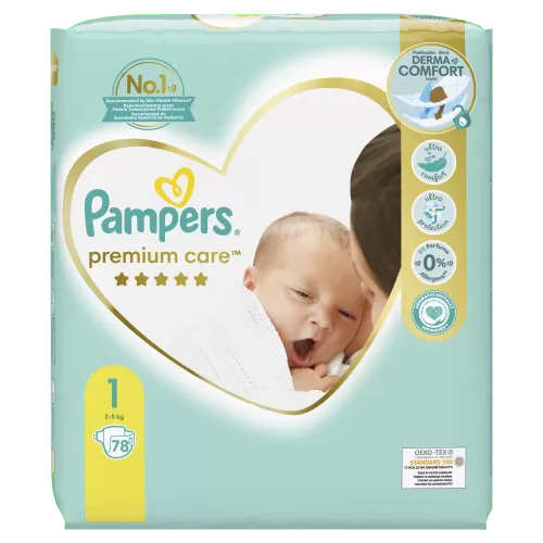 Scutece Pampers Premium Care Marimea 1, Nou Nascut, 2-5 kg, 78 bucati