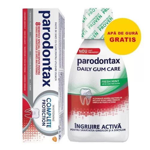Pachet Pasta de dinti Complete Protection Whitening Parodontax, 75 ml + Apa de gura fara alcool Daily Gum Care Fresh Mint Parodontax, 300 ml, Gsk