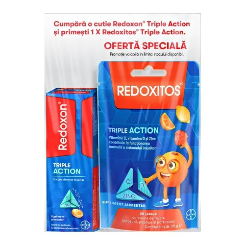 Redoxon Triple Action Vit C D + Zn, 10 capsule efervescente + Redoxitos Triple Action, 25 jeleuri Cadou