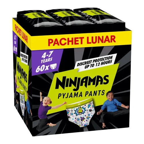 Scutece-chilotel pentru noapte Ninjamas pt Baietei 4-7 ani, 17-30 kg, 60 buc, Pampers