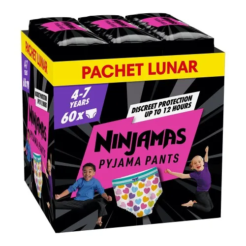 Scutece-chilotel pentru noapte Ninjamas pt Fetite 4-7 ani, 17-30 kg, 60 buc, Pampers