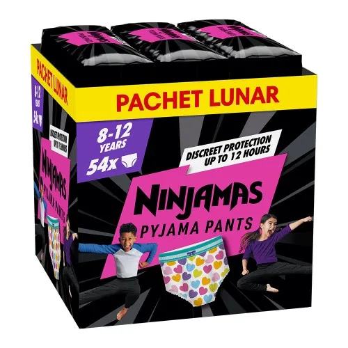 Scutece-chilotel pentru noapte Ninjamas pt Fetite 8-12 ani, 27-43 kg, 54 buc, Pampers