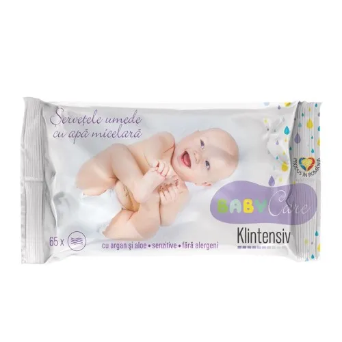 Servetele umede cu apa micelara Baby Care, 65 bucati, Klintensiv