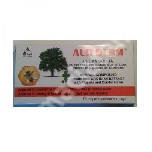 Supozitoare, crema solida, din scoarta de stejar, Aur Derm, 6 bucati, Laur Med