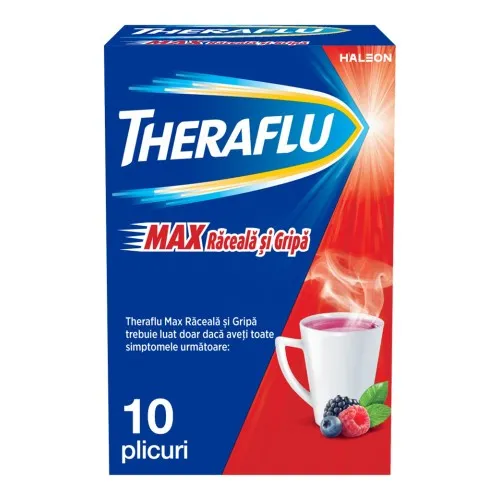Theraflu Max Raceala si Gripa, 1000 mg/10 mg/70 mg pulbere pentru solutie orala, 10 plicuri, Haleon