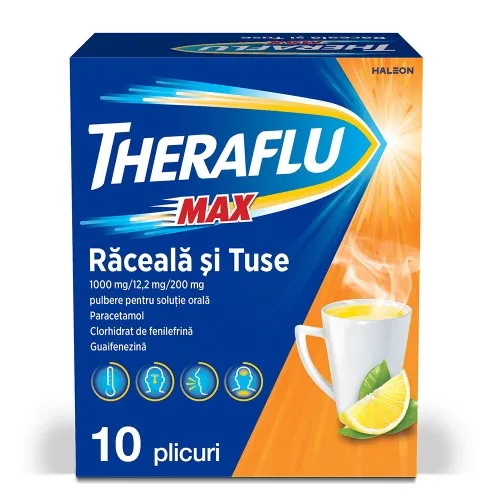 Theraflu Max raceala si tuse, 1000 mg/12,2 mg/200 mg, 10 plicuri, Haleon