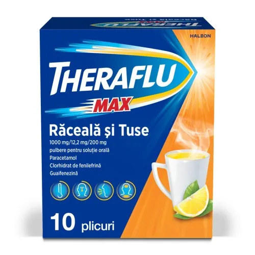 Theraflu Max raceala si tuse, 1000 mg/12,2 mg/200 mg, 10 plicuri, Haleon