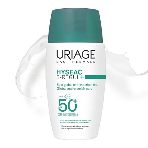 Crema pentru ten predispus la acnee cu protectie solara SPF 50+ Hyseac 3 Regul+, 50 ml, Uriage