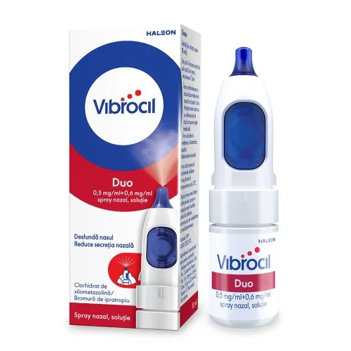 Vibrocil Duo spray nazal solutie, cu buton, 0,5 mg/ml + 0,6 mg/ml, 10 ml, Haleon