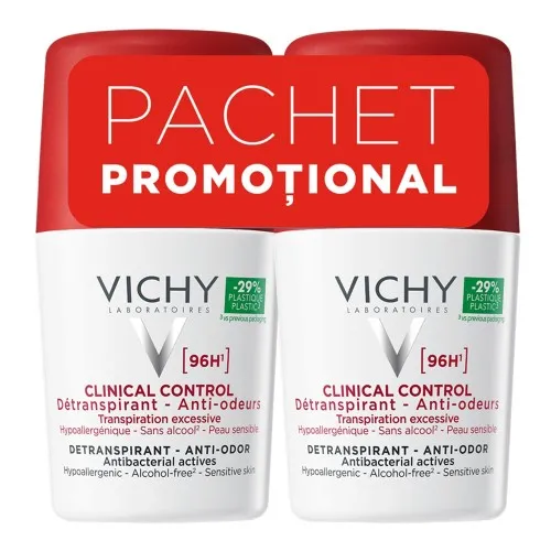 Pachet Deodorant roll-on antiperspirant Clinical Control 96H, 50 ml + 50 ml, Vichy